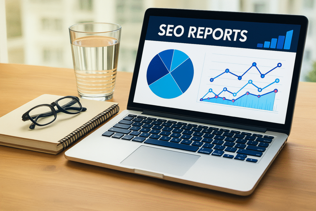 A laptop displaying SEO reports with charts and graphs, representing data-driven results from the Best SEO Company in Surat.